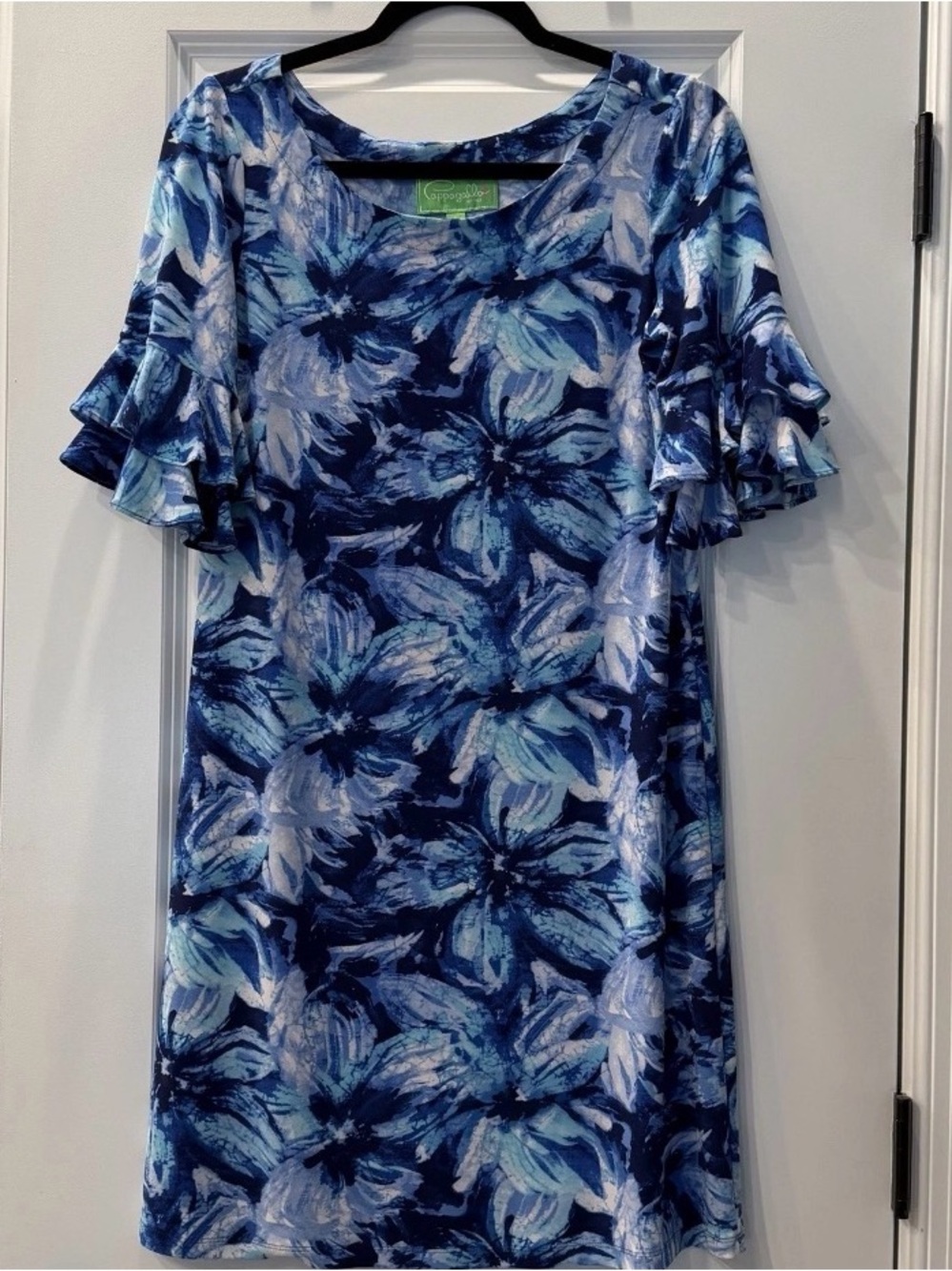 Cappagallo Blue Floral Ruffle Sleeve Dress Size Small